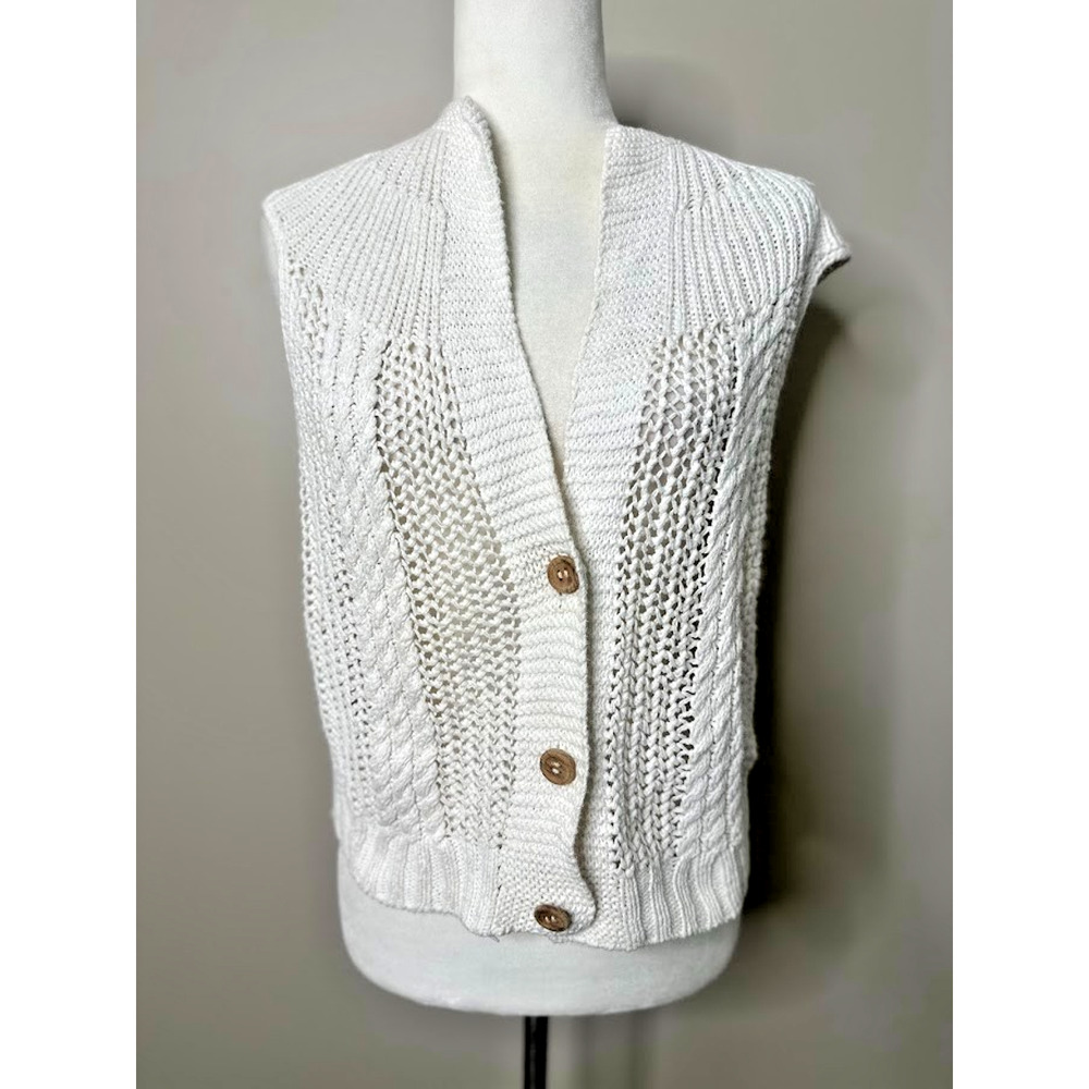 Specialty House White Crochet Sweater Cardigan‎ Vest Large Button Boho Fisherman